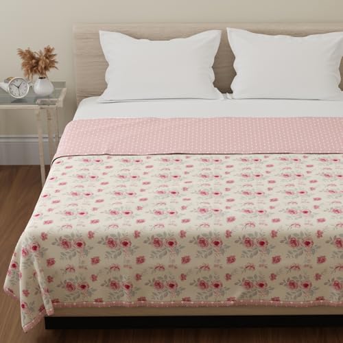 Image of HUESLAND 100% Cotton Reversible Dohar Single Bed Cotton | Soft Cambric Weave, Lightweight AC Blanket for Summer & All Weather Use | 56 x 89 inches, Floral Medley - Ivory & Pink
