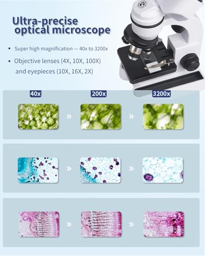 Image of Compound Microscope ，40X-3200X Research Class, Microscope Kit LED Light, Carrying Box ，monocular Microscopes for Students Beginner