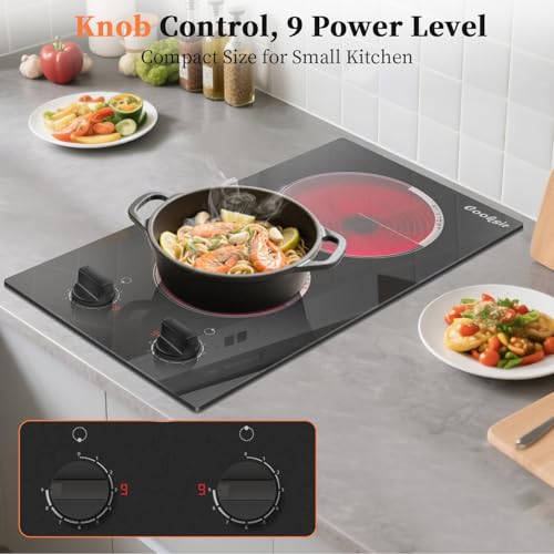 2 Burner Electric Cooktop - 110v Countertop and Built-in Electric Stove 2000W, 12 Inch Ceramic Stove with Residual Heat Indicator, Over-Temperature Protection, Knob Control, 110-120V Plug in