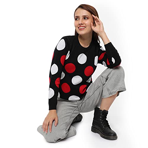 Image of Campus Sutra Women Black Polka Dot Regular Fit Sweater | Round Neck, Full Sleeve, Woolen Sweater for Women & Girls | Stylish Casual Winter Wear