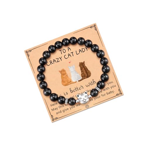 LUOKIFUR Pulsera de Cuentas de Piedra Natural para Amantes de las Mascotas Con Gatos, Cebra Rosa, de la Suerte - Regalo de Joyería (Black)