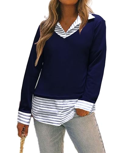 Oyamiki T-shirt à manches longues pour femme en coton avec col de chemise - Tricot à col en V - Décontracté et élégant - Pour l'automne et l'hiver, Rayures bleu marine, XXL