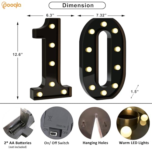 Image of Pooqla 10th Birthday Decorations for Boys, Large Black Light Up Numbers | Black Party Decorations, 12.6in Tall Big Marquee Numbers 10th Anniversary Birthday Gift for Boys Wedding Room Decor