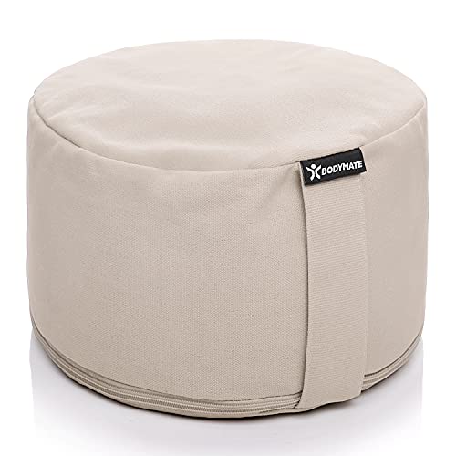 BODYMATE Cojín de Yoga Redondo extraalto | 31 cm diámetro 20 cm Alto | Relleno de cáscaras de Trigo sarraceno | Funda extragruesa y Lavable en Lavadora de algodón 100% | Cojín de meditación