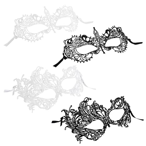 COMNICO 4 maschere per Halloween da donna, in pizzo di nylon, per balli, feste in maschera veneziane e carnevale (bianco + nero)