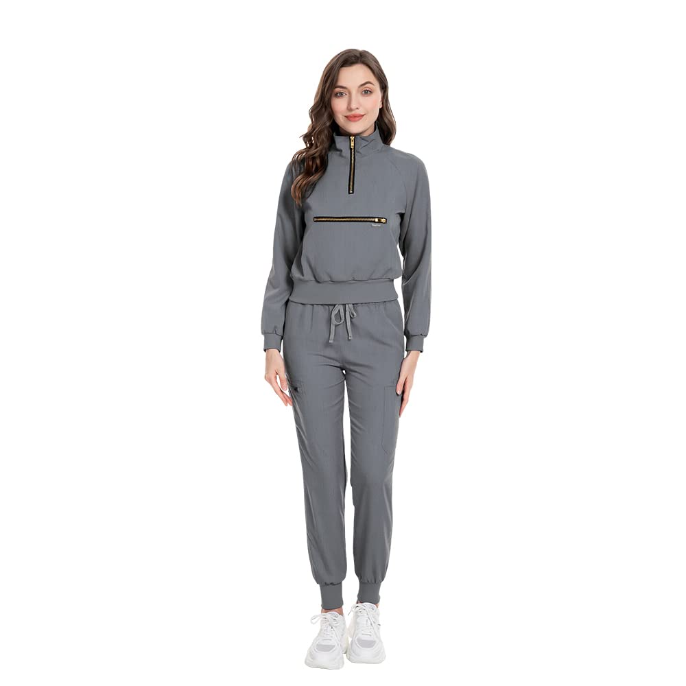 niaahinn Scrub Set with Long Sleeve for Women Scrub Top Jogger Scrub Pants Medical Working Uniforms with Pockets