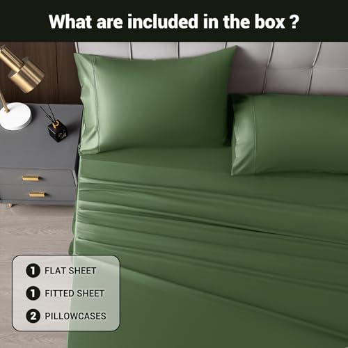 Image of Shilucheng 4 Piece Queen Sheet Sets, Cooling Sheets, Blend Rayon Derived from Bamboo, Deep Pocket Up to 16 inch, Breathable & Soft Bed Sheets, Hotel Silky Bedding Set, Olive Green