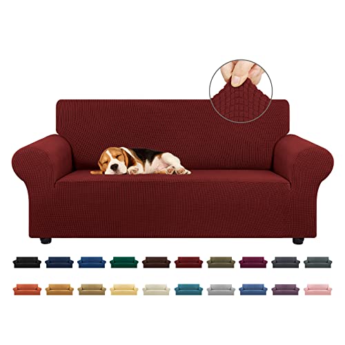 KEKUOU Stretch Loveseat Sofa Cover Slipcover,Couch Covers for 2 Cushion Couch Sofa (55"-78") Furniture Protector Sofa with Elastic Bottom for Kids,Dog. Jacquard Small Checked (Medium,Dark Red)
