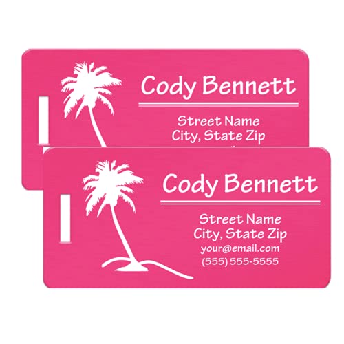 Personalized Luggage Tags, Set of 2 (Bennett Design, Pink) - Metal Luggage Tags with Engraved Name, Unique Travel Bag Tags for Luggage, Can Also Be Suitcase Tags
