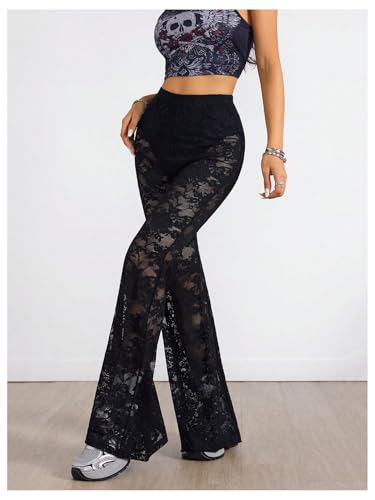 OYOANGLE Women's Lace Flared Pants Y2K High Waisted Skinny Bell Bottoms See Through Sheer Bootcut Trousers4