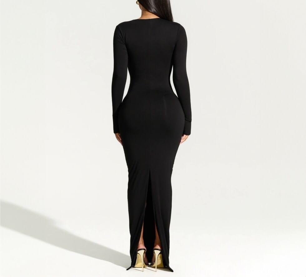 Sexy Black Evening Party Dress Women Elegant 2023 Fall Winter New Outfits Asymmetrical Long Sleeve Slit Maxi Dresses (Color : Black, Size : Medium)4