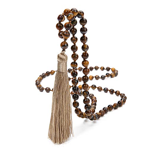 BALIBALI 8MM Beads Chakra Long Mala Necklace Natural Stone Meditation Statement Necklace Japa Yoga Buddhist Rosary Prayer Charm Beaded Tassel Necklace