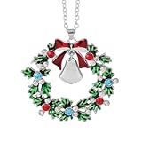Christmas Wreath Pendant Necklace for Women Gold Silver Christmas Bell Chain Necklace Merry Xmas Bow Jingle Bell Necklaces Colorful Rhinestone Crystal Necklaces Holiday Festival Gift Jewelry Accessories (silver)