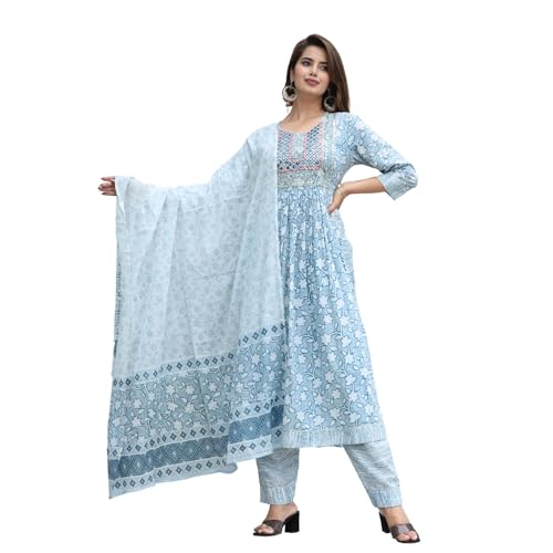 Image of Women's Stylish Rayon Nayra Cut Kurta Embroidered Work and Round Neck 3 /4 Sleeve with Pant Dupatta Set