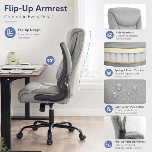 Image of Ergonomic PU Leather Office Chair - Executive Computer Desk Chair with Lumbar Support & Wide Seat, Adjustable Height Task Chair with 360 Swivel & Quiet Wheels for Home Office, Gaming, Gray