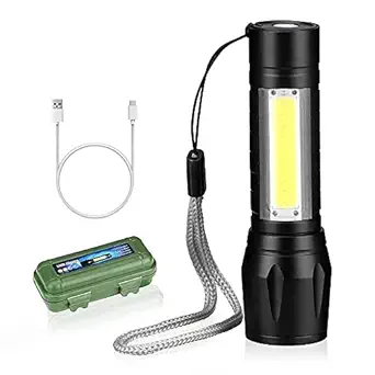 Sixfire LED Flashlight with COB Light Mini Waterproof Portable LED Flashlight USB Rechargeable 3 Modes Light Flashlight USB Rechargeable Flashlight with Gift Box Focus Zoom Torch Light- Black