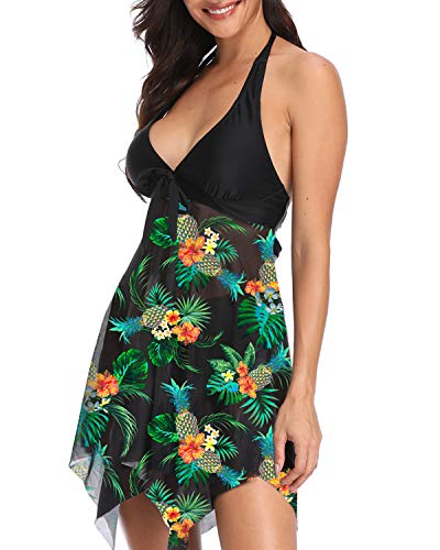 Temptme Women Swimsuit Two Piece Tankini Swimdress Halter Tank Top with Boyshort (Green Floral, Large(US 12-14))