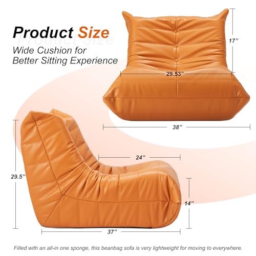 Hobestluk Giant Bean Bag Chair Lazy Floor Sofa, Memory Foam Fireside Sofa for Adults, Big Beanbag Faux Leather Armless Chair for Living Room Bedroom Dorm Office (Orange, Single)