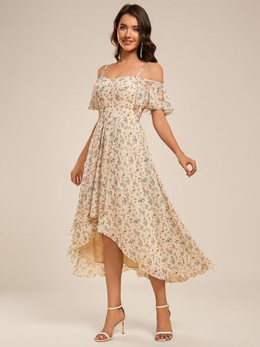 Image of Ever-Pretty Women's Summer Cold Shoulder Hi-Lo Asymmetrical Hem Flowy Chiffon Short Wedding Guest Dress 02103
