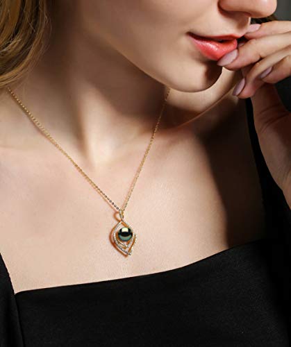 Lucky Peacock 9-10mm Genuine South Sea Tahitian Black Pearl Evil Eye Pendant Necklace 18K Gold Plated Sterling Silver - Jewelry Gifts for Women Wife Mom Daughter3