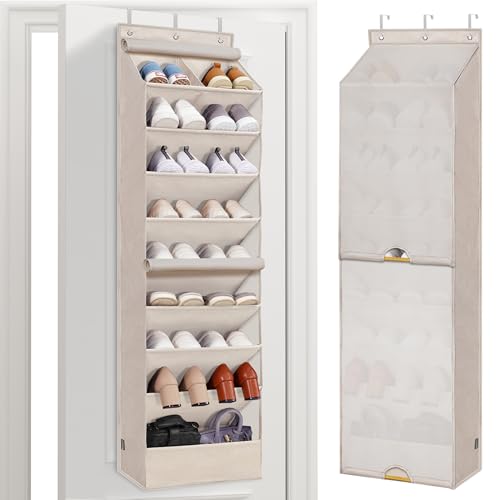 STORAGE MANIAC Over the Door Shoe Organizer with Curtain Dustproof Heavy-Duty Large Deep Pocket Hanging Shoe Organizer for Closet Dorm & Narrow Door Storage Shoe Holder Shoe Rack, 9-Shelf Be