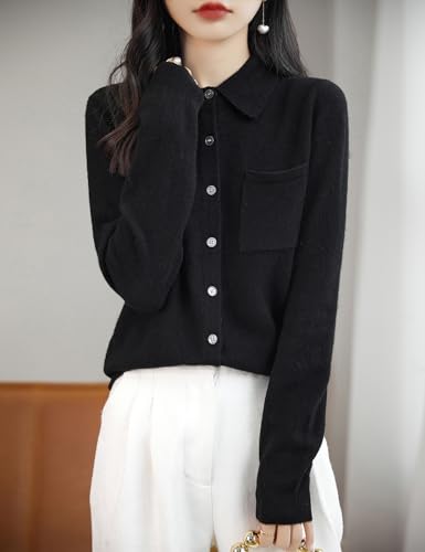 Women's Polo Neck 100% Merino Wool Sweater 2025 Spring Basic Long Sleeve Knitted Cardigan Sweater with Pocket4
