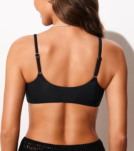 DOBREVA Women's Bikini Top Scoop Neck Bathing Suit Tops Ribbed Adjustable Straps Swimsuit Sexy Padded Swim Bra2