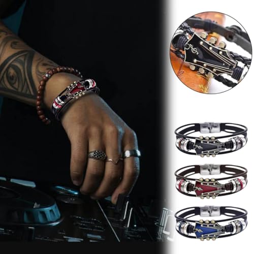Image of Guitar Leather Bracelet for Men & Women | Retro Rock Music Bracelet with Stainless Steel Clasp | Faux Leather Wristband | Gift for Guitarists & Music Lovers