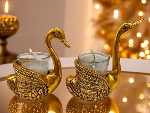 Image of Mruli Krishna Swan Tealight Candle Holder Set, Gold Metal, 13.5 cm Height, 14 cm Length, 2 Pieces