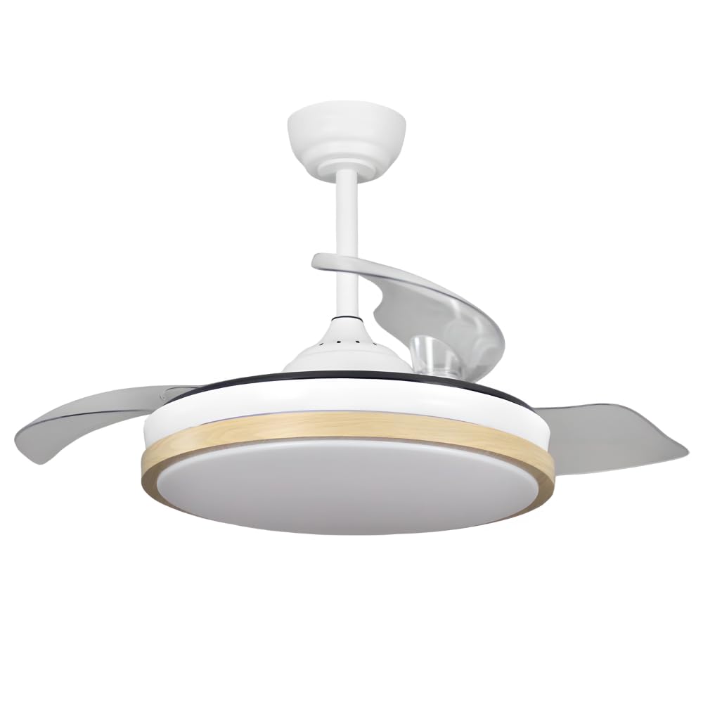 Ventilador de techo pequeño blanco madera aspas retractiles | Lampara ventilador techo palas plegables silencioso con luz Wood S