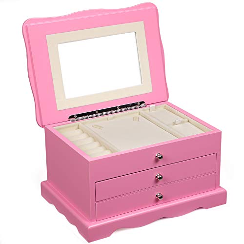 SONGMICS Girls Jewelry Box Pink Wooden Case Organizer with Mirror UJOW03P
