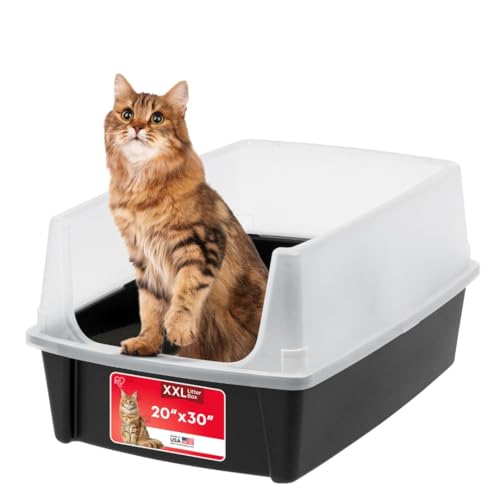 IRIS USA XX-Large Cat Litter Box, Open Top Extra Large Litter Box for Big Cats and Multi-Cat Households, High Sided Scatter Shield, Easy to Clean, 30" L x 20" W x 14" H, Black