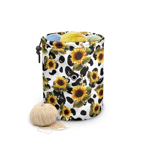 Image of Sellikakes Yarn Bag Crochet Bag Organizer, Sunflower Cow Print Portable Knitting Yarn Storage Organizer for Chrocheting Project, Store Skein Ball, Short Knitting Needle