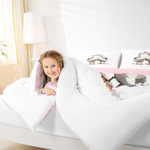 Image of Erosebridal Geese Valentine King Comforter Set Cartoon Ducks Bedding Set for Kids Teens Goose Duck Couple Decor Comforter Kawaii Farm Animals Quilt