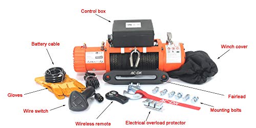 AC-DK 13000 lb. Electric Winch Kit, 12V Winch with 85ft Synthetic Rope, Waterproof IP67 Truck Winch with Hawse Fairlead, with 2 Wireless Handheld Remote and Wired Handle Recovery Winch(Up to 13500lbs)