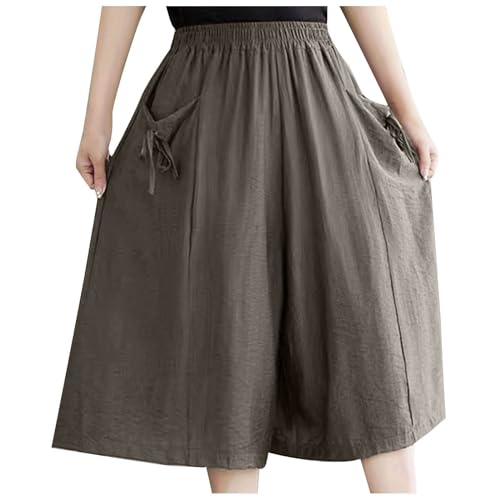 Summer Shorts for Women UK Warehouse Clearance Knee Length Shorts Baggy Cropped Trousers Elasticated Waist Loose Casual Half Pants Comfy Wide Leg Short Pants with Pockets Size 12-22 Coffee