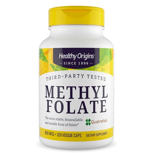 Healthy Origins Methyl Folate 800 mcg 120 Veggie Capsules Quatrefolic (6S)-5-Methyltetrahydrofolate Active MTHFR Form Supports Prenatal Brain & Heart Health B9 Supplement - 4 Month Supply