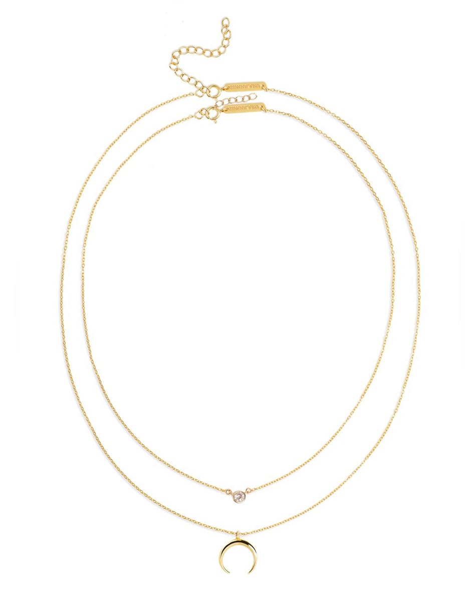 SINGULARU - Set 2 Collane Diamond + Mini Moonset. Ciondoli in Argento Sterling 925 con Mezzaluna e Zircone. Catene Taglia Unica