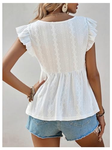 SweatyRocks Women's Lace Trimmed V Neck Ruffled Sleeve Flared Eyelet Tank Blouse Top2
