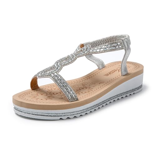 JOMIX Sandalias Mujer Verano con Banda Elástica Sandalias Plataforma Mujer Brillantes Sandalias Mujer Comodas Playa Piscina Mar, Plateado, 38 EU