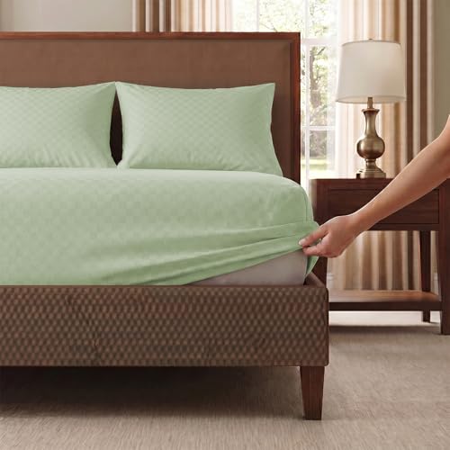 Image of Urban Space 100% Cotton 300TC Jacquard Fitted bedsheets for King Size Bed, Pure Cotton Bedsheet King Bed, Checks Fitted bedsheet King Size with 2 Pillow Covers (72 x 78 Inches, Tea Green Cubes)