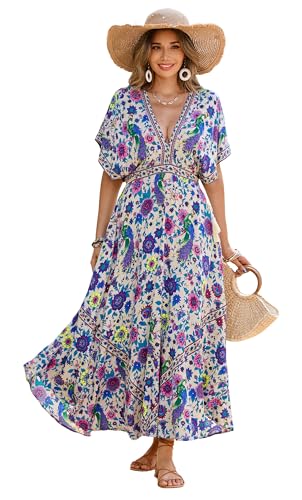 R.Vivimos Women Summer Print Deep V Neck Cotton Beach Long Dresses