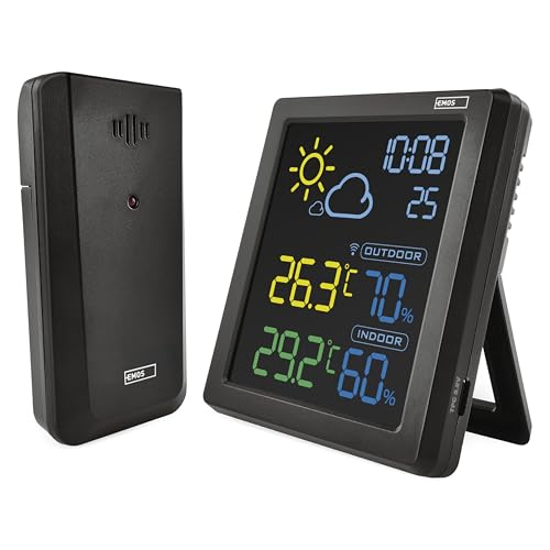 EMOS - Estación meteorológica inalámbrica con pantalla a color VA y sensor exterior inalámbrico - Termómetro, higrómetro, pronóstico del tiempo, indicador del reloj, despertador - Pantalla Comfort