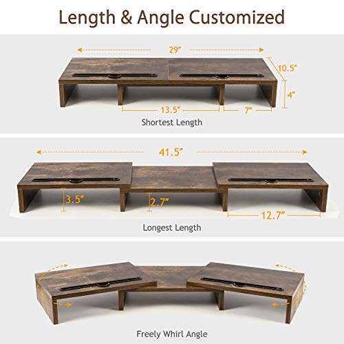 LORYERGO Dual Monitor Riser Stand - 3 Shelf Screen Laptop Stand with Storage Slots for Phone (Vintage)