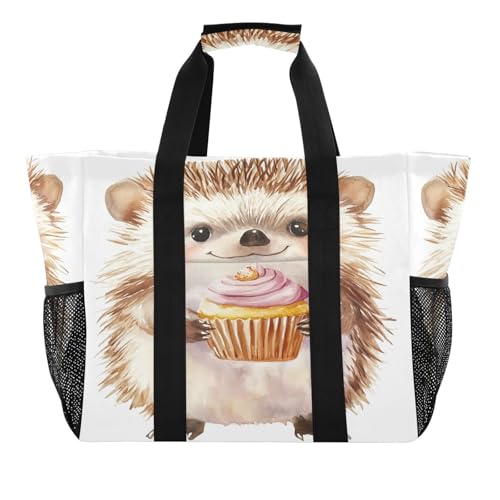 Nander Cute Hedgehog Holding Cake Reusable Grocery Bags,Large Grocery Tote Bag Water Resistant Shopping Bags Foldable Grocery Bag for Clothes,Shoes and Picnic