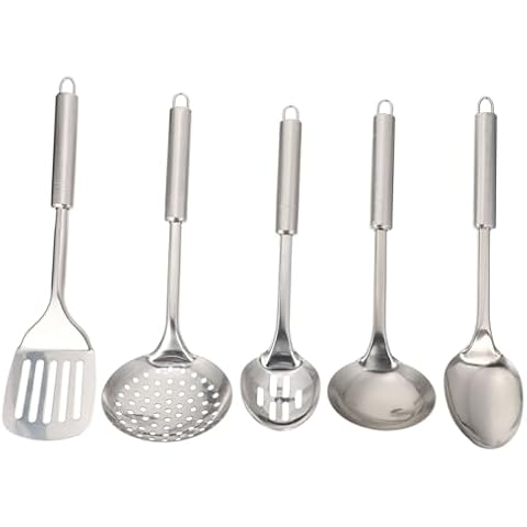 MAGICLULU 1 Set Stainless Steel Kitchenware Food Cooking Utensil Set with Spatula Soup Spoon Slotted Spoon for Kitchen Cooking 12.14 x 3.69 x 0.98Inch (5 Pieces) Cover