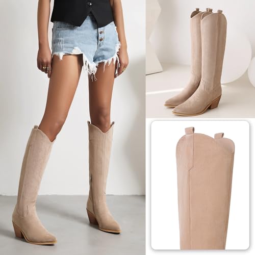 Reitoye Cowboy Boots for Women Embroidery Western Cowgirl Knee High Chunky Heel Boots with Pull-Up Tabs2