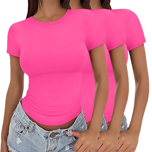 Image of 3 Pack Short Sleeve Tops For Women Uk 2025 Fashion Solid Color Crew Neck Shirt Summer Lightweight Slim Fit Y2K Basic Tops Soft Comfortable Double Lined Top Stretch Tight Crop Tee Pullover T-Shirts