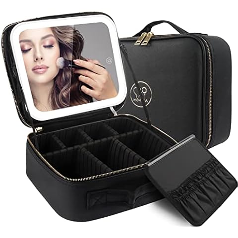 MOMIRA Makeup Bag with Mirror and Light Travel Makeup Train Case Cosmetic Organizer Portable Artist Storage Bag with Adjustable Dividers Makeup Brushes Storage Organizer Black Cover