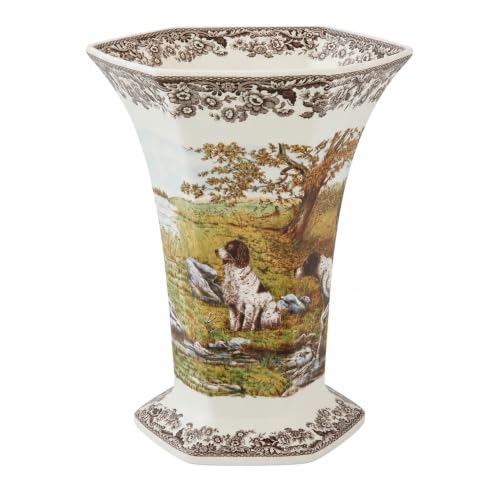 Spode Woodland Hexagonal Vase Hunting Dogs - BrownWhite